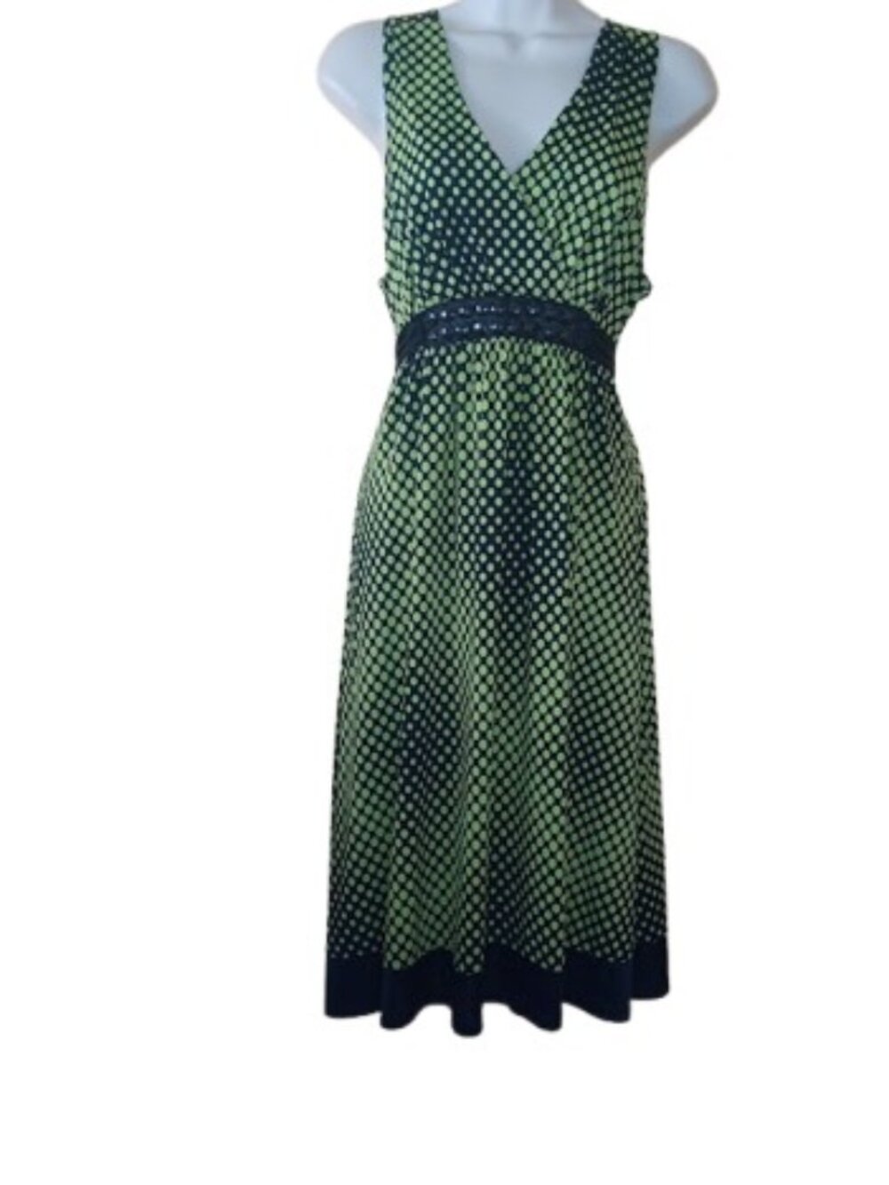 Vintage 90s YS USA Womens Empire Fit Flare Dress Black Green Polka Dot Beaded L